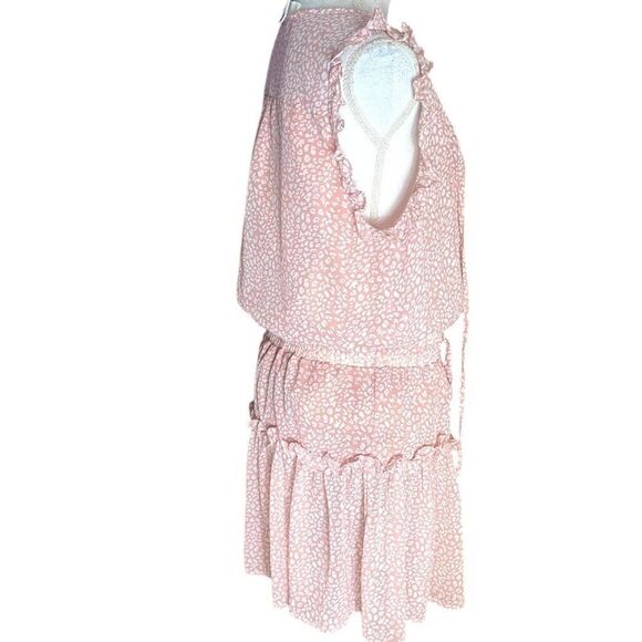 Pinch Womens Pink White Leopard Tie V-Neck Ruffle Sleeve Tiered Mini Dress Large - Picture 3 of 6